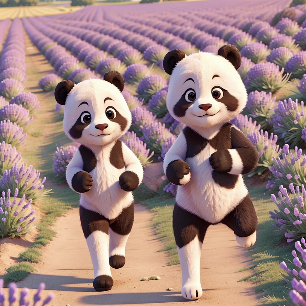 Beautiful girl with cute a panda running on a lavender field.