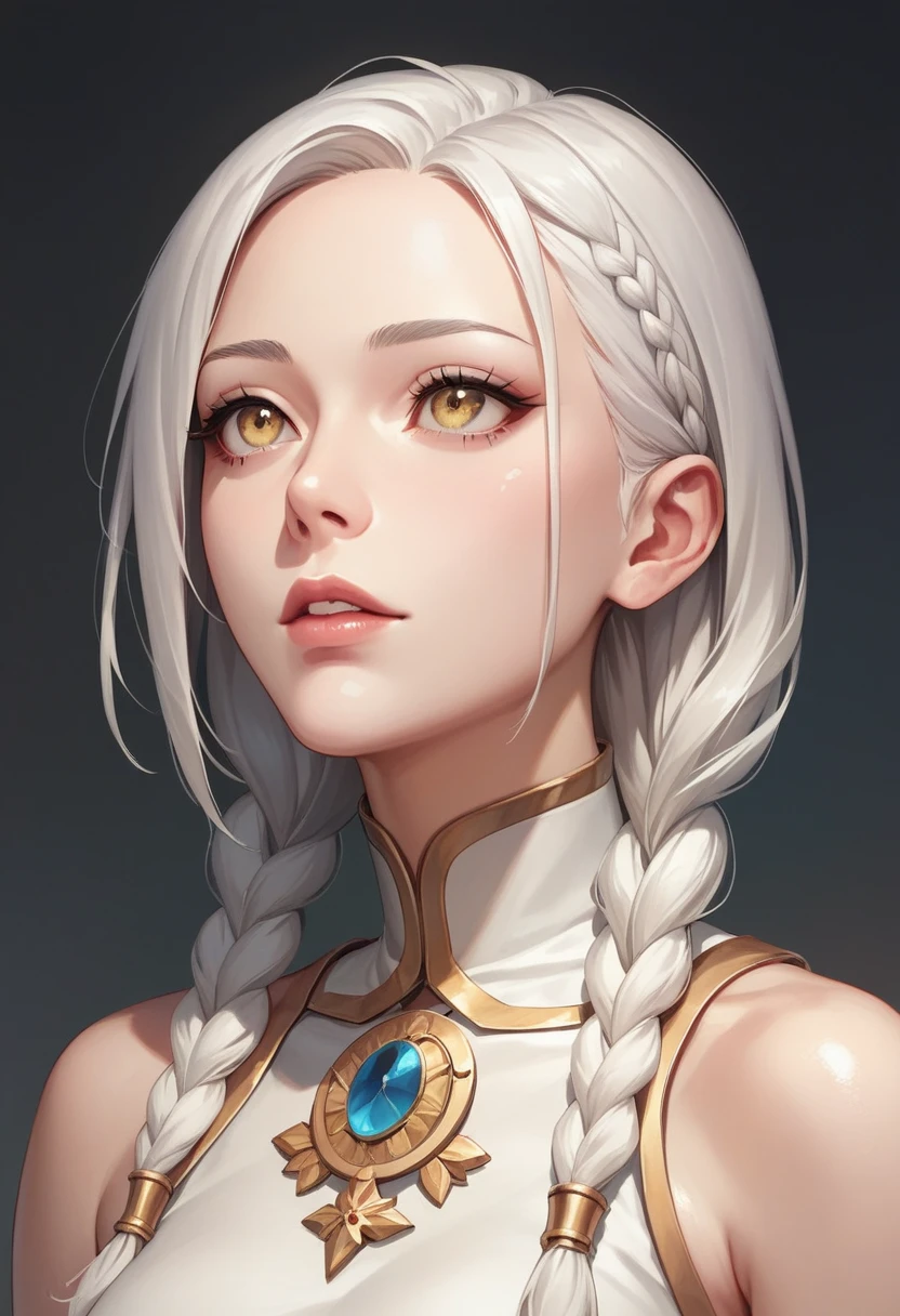 best quality, masterpiece,white hair, gold eyes,white clothes, looking up, upper body,hair strand,Fair skin,side braids