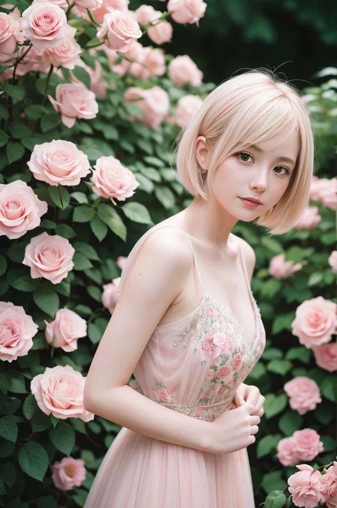 8K, RAW Photos, Fujifilm, Avril-like style photo of a beautiful young woman in a garden of pale pink roses (Highly detailed skin: 1.2) Style Petal Break Short Hair, Blonde and colored hair, Wearing a dress, Film Granulation, 35mm, Cute Style