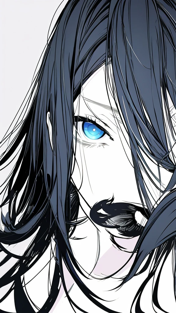 monochrome color, Blue Art, grayscales、​masterpiece、top-quality、Top image quality、straight haired、Hanging eyes、kawaii、A dark-haired、blue eyes、the wind、ビル群