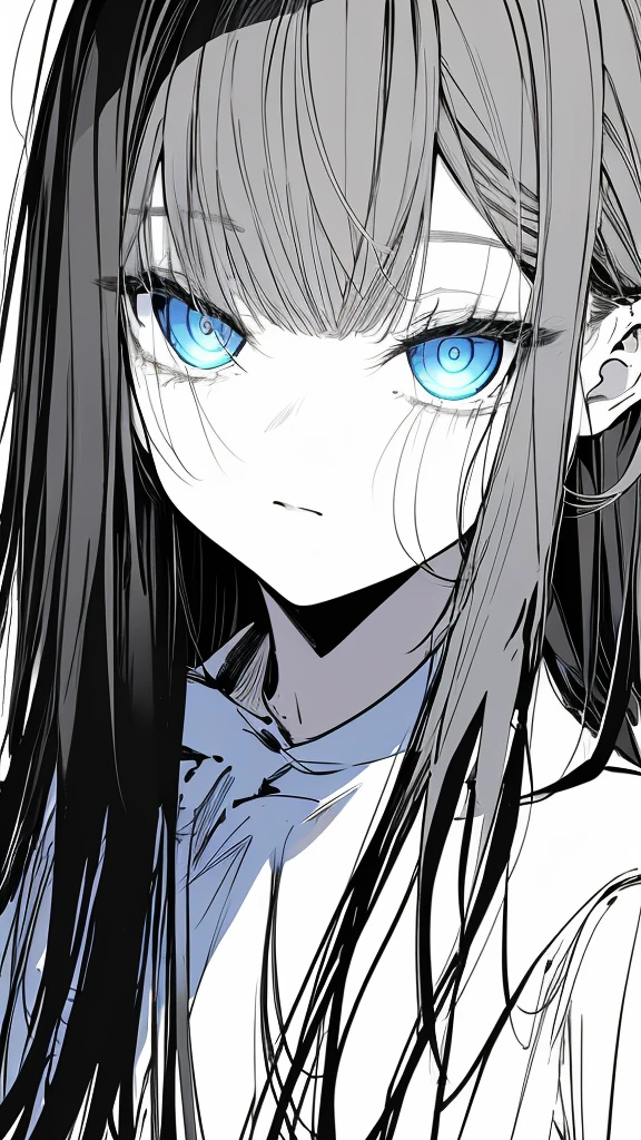 monochrome color, Blue Art, grayscales、​masterpiece、top-quality、Top image quality、straight haired、Hanging eyes、kawaii、A dark-haired、blue eyes、the wind、ビル群