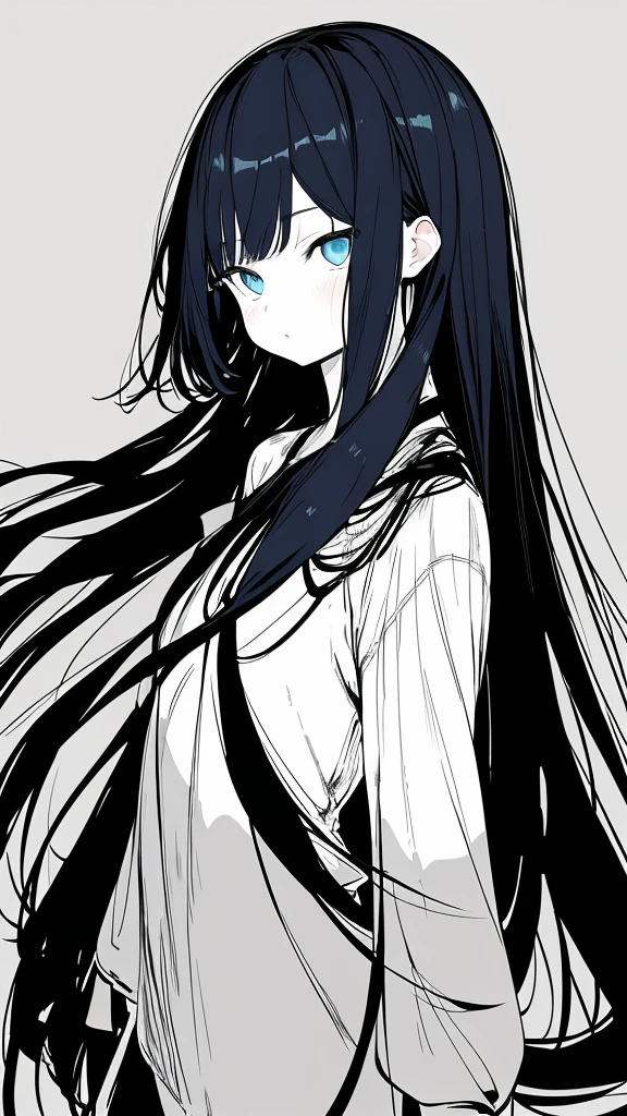 monochrome color, Blue Art, grayscales、​masterpiece、top-quality、Top image quality、straight haired、Hanging eyes、kawaii、A dark-haired、blue eyes、the wind、ビル群