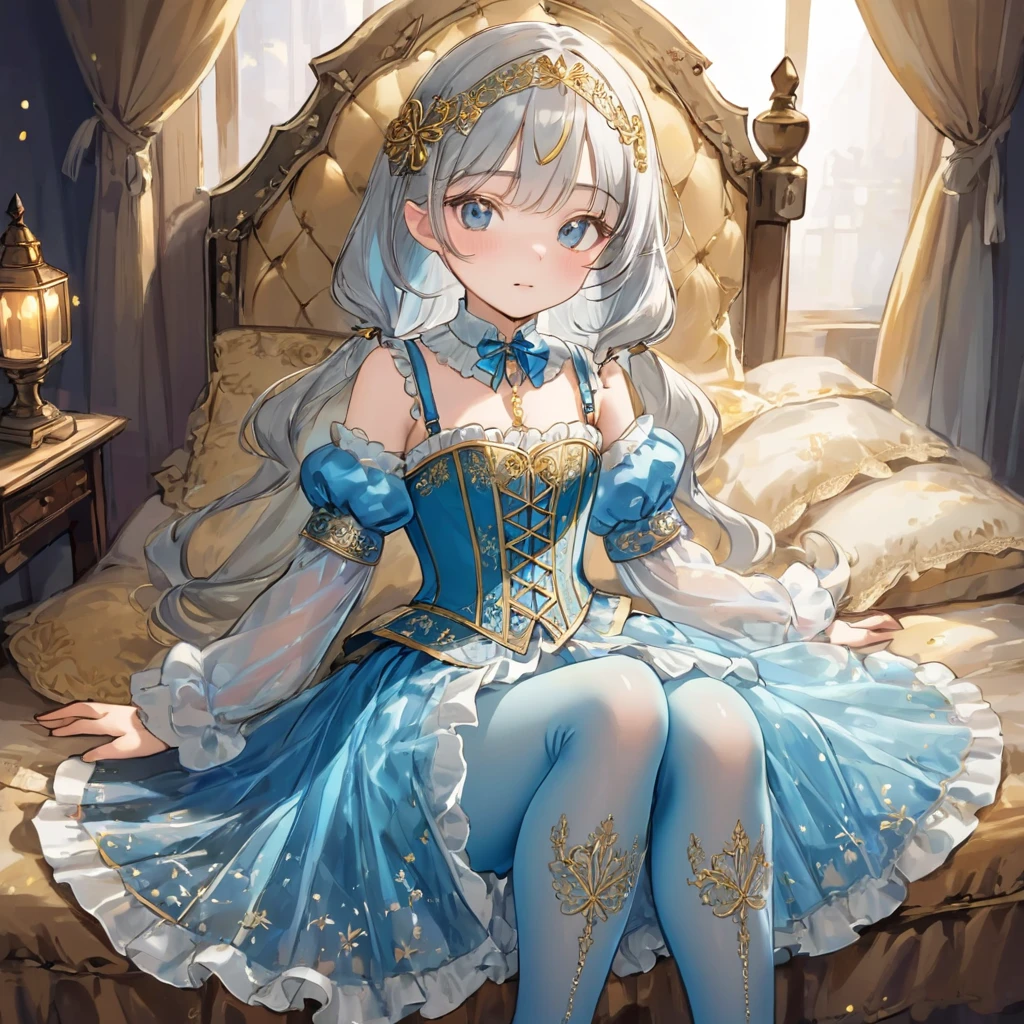 8 year old medieval girl, １people々、In underwear、Gold and silver thread embroidery、Translucent underwear that reaches below the knee（Bloomers）wear、wear a semi-transparent corset、Translucent slip, Translucent light blue tights、sleep