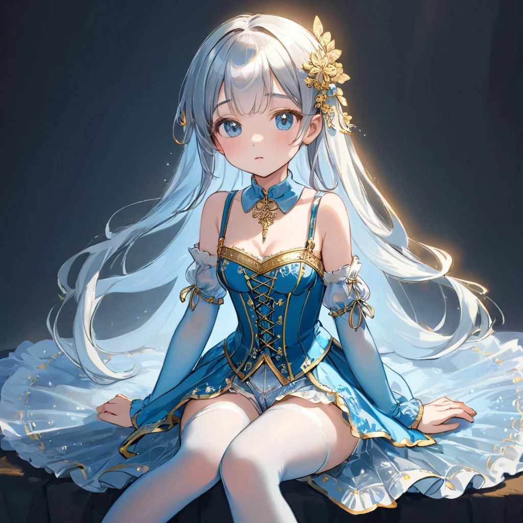 8 year old medieval girl, 1people々、In underwear、Gold and silver thread embroidery、Translucent underwear that reaches below the knee(Bloomers)wear、wear a semi-transparent corset、Translucent slip, Translucent light blue tights、sleep