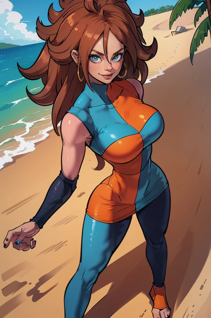 Android 21  cute style, 8k, hdr, ureal engine, ultra quality, sitting,  clothes, long breasts,detailed realistic, blond toned hair, blue and red dress, golden earrings, aura ki, full body,(anatomia perfeita:1.4), altamente detalhado, (Praia tropical:1.3), Palmeiras, água azul celeste, luz do dia, verão,, andróide21 , brincos, , cinto, cabelo loiro, olhos azuis, cabelo longo ruivo e ondulado , meia-calça preta, portrait, battle pose, flying, aura ki, goodness

