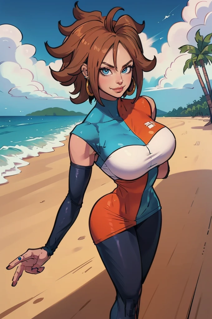 Android 21  cute style, 8k, hdr, ureal engine, ultra quality, sitting,  clothes, long breasts,detailed realistic, blond toned hair, blue and red dress, golden earrings, aura ki, full body,(anatomia perfeita:1.4), altamente detalhado, (Praia tropical:1.3), Palmeiras, água azul celeste, luz do dia, verão,, andróide21 , brincos, , cinto, cabelo loiro, olhos azuis, cabelo longo ruivo e ondulado , meia-calça preta, portrait, battle pose, flying, aura ki, goodness

