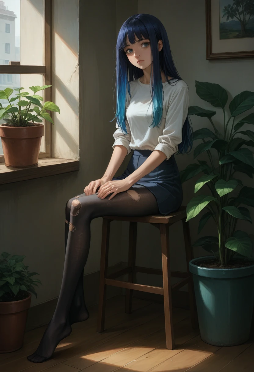 score_9, score_8_up, score_7_up, score_6_up, source_anime, masterpiece, newest,
Highly detailed, 1girl, slender, innocent, sitting, arms at sides, long hair, opaque pantyhose, no shoes, blue hair, multicolored hair,  casual clothes, realistic, long legs, potted plants, ripped pantyhose