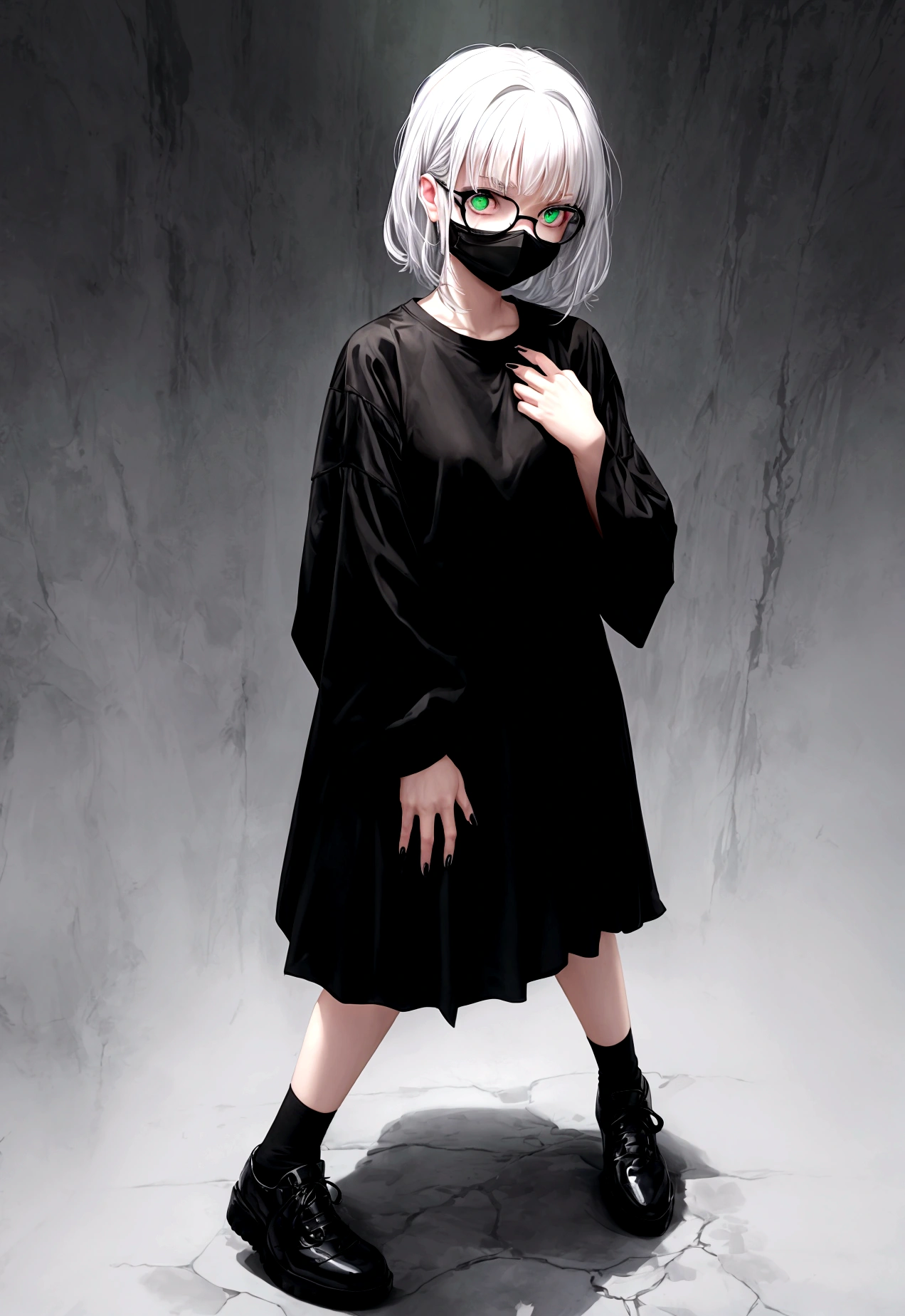 1girl, looking away, glowing eyes, green eyes, hand on own cheek, black t-shirt, black skirt, black socks, white and black shoes, dark and blue background, small hair, white hair, medium , full body, head phone, sharp fingernails, read fingernails, scary, mouth mask, wearing glasses, dark mirror, white full mon, blood on the ground, scary,