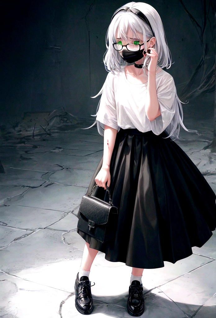 1girl, looking away, glowing eyes, green eyes, hand on own cheek, black t-shirt, black skirt, black socks, white and black shoes, dark and blue background, small hair, white hair, medium , full body, head phone, sharp fingernails, read fingernails, scary, mouth mask, wearing glasses, dark mirror, white full mon, blood on the ground, scary,