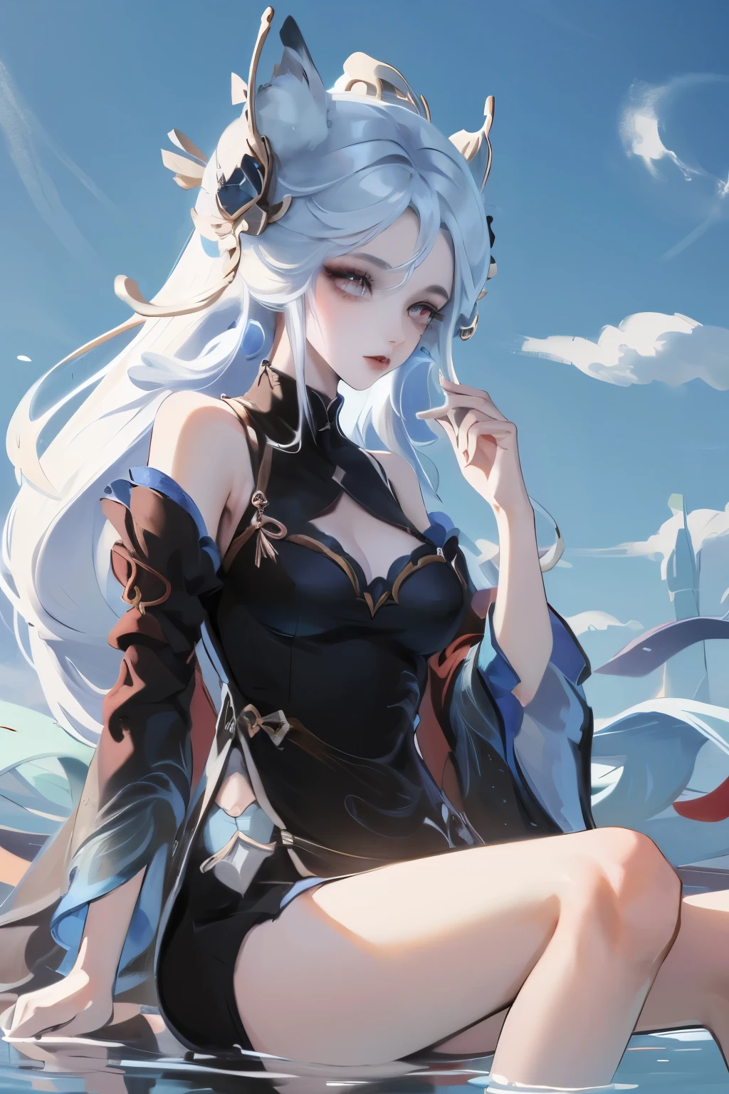 absurd, high resolution, Extremely detailed, (1 Girl:1.3), Hand Painted, Simple lines, 16-year-old girl wearing colorful Chinese Hanfu, Sexy fox ears girl, By the lotus pond, masterpiece, sitting in water, Floating clothes, Flowing hair