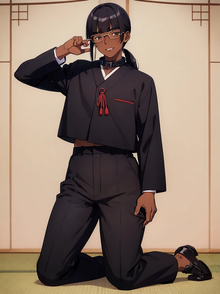 (1 boy solo),(dark skin:1.5) ,20 years old, (black hair:1.3),  (glasses:1.4),  , (straight hair:1.5), (evil smile:1.2) ,long sidelocks, (blush:1.3),(kneeling:1.3),(Put left knee in front:1.5),(japanese boys school uniform gakuran,Stand-up collar,pants:1.5),spread legs,bend knee,(low long ponytail:1.4),(blunt bangs:1.4), (greaming skin:1.3),(flat_chest),(wide hips:1.3)
