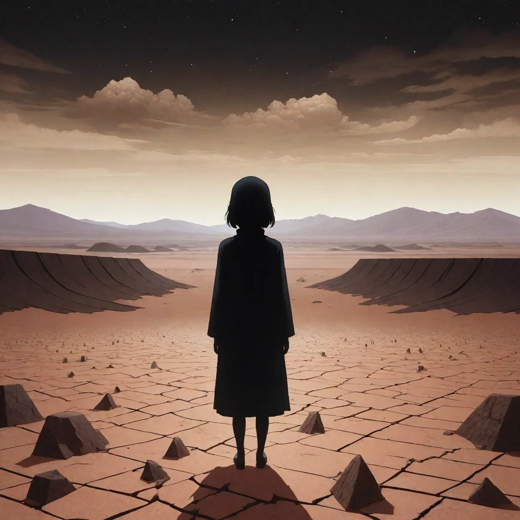 Abstract representation of depression and loneliness, visualized through a fragmented landscape, dark voids, and a lonely character in a desert environment|(Insulation):1.4|(Surreal images)|Yume Nikki's influence. masterpiece, Best quality, detailed, realistic, 8k contract, high quality, realistic, accurate, bright, absurdity, SimplypositiveXLv1