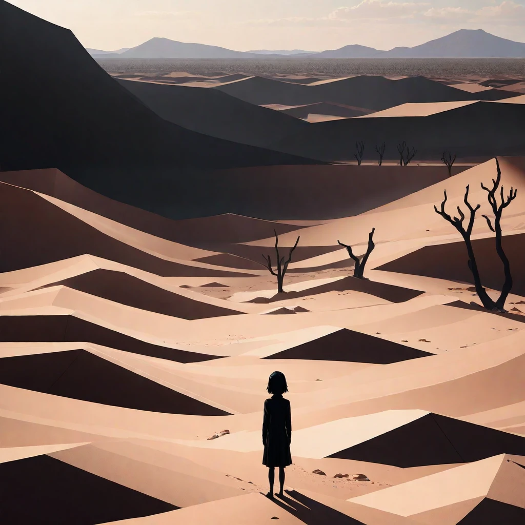 Abstract representation of depression and loneliness, visualized through a fragmented landscape, dark voids, and a lonely character in a desert environment|(Insulation):1.4|(Surreal images)|Yume Nikki&#39;s influence. masterpiece, Best quality, detailed, realistic, 8k contract, high quality, realistic, accurate, bright, absurdity, SimplypositiveXLv1
