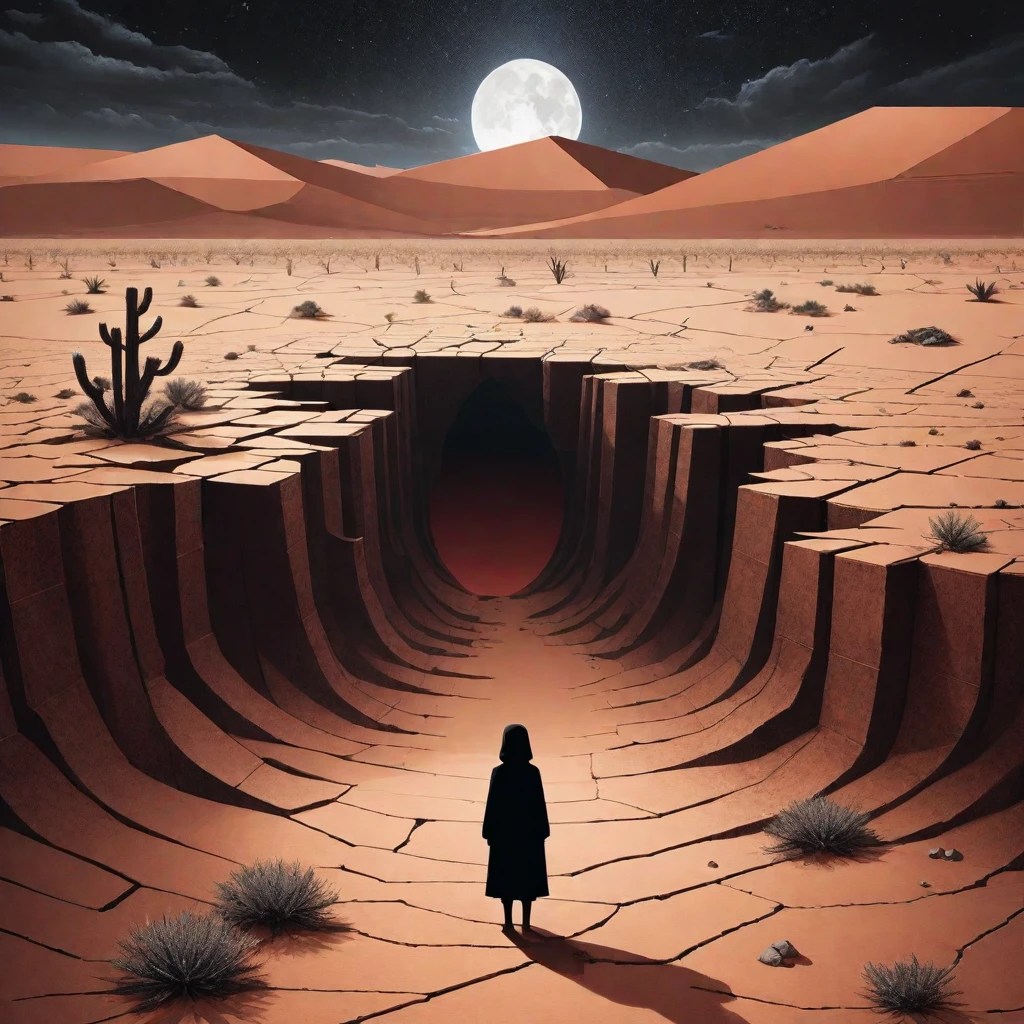 Abstract representation of depression and loneliness, visualized through a fragmented landscape, dark voids, and a lonely character in a desert environment|(Insulation):1.4|(Surreal images)|Yume Nikki's influence. masterpiece, Best quality, detailed, realistic, 8k contract, high quality, realistic, accurate, bright, absurdity, SimplypositiveXLv1