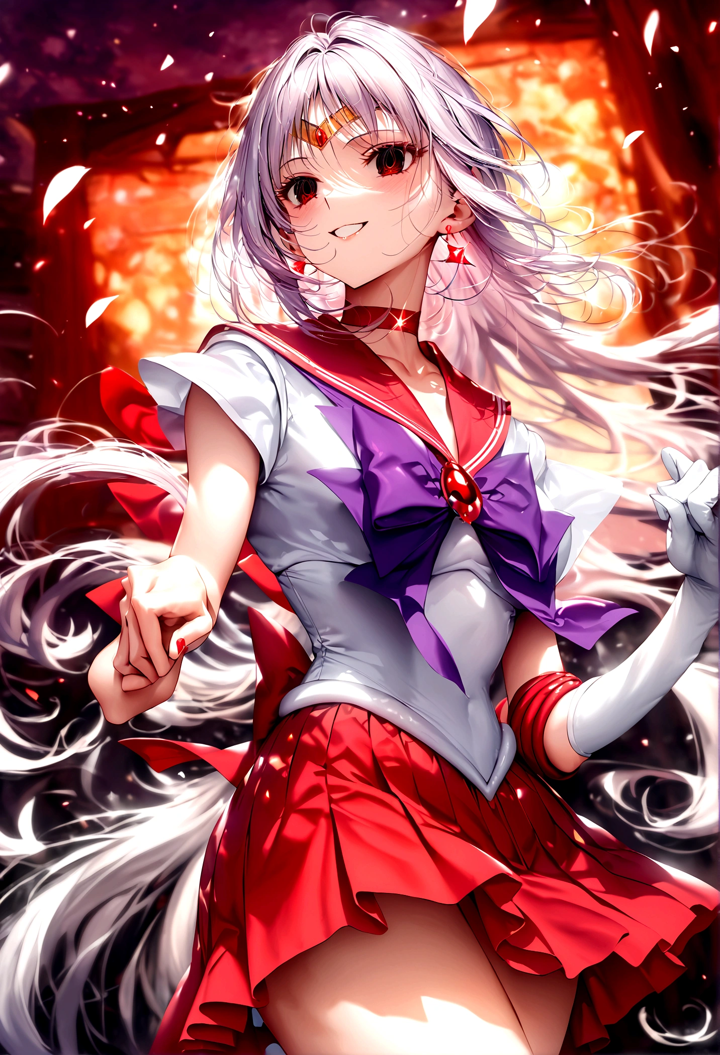 (masterpiece, Highest quality, so beautiful, Very detailed), Intricate details, 12k, Honestly, Red eyes, Lamars, Long Hair, Black Hair, tiara, Earrings, Red choker, Red Sailor Collar, Purple bow tie, White shirt, Elbow hand pockets, White gloves, Pleated skirt, Red Skirt, Standing barefoot, whole body,,(Wicked Smile:1.2), One girl,(Silver Hair:1.4),(Hollow Eyes,:1.4),From below,Watching the dawn,Dark aura,View your audience