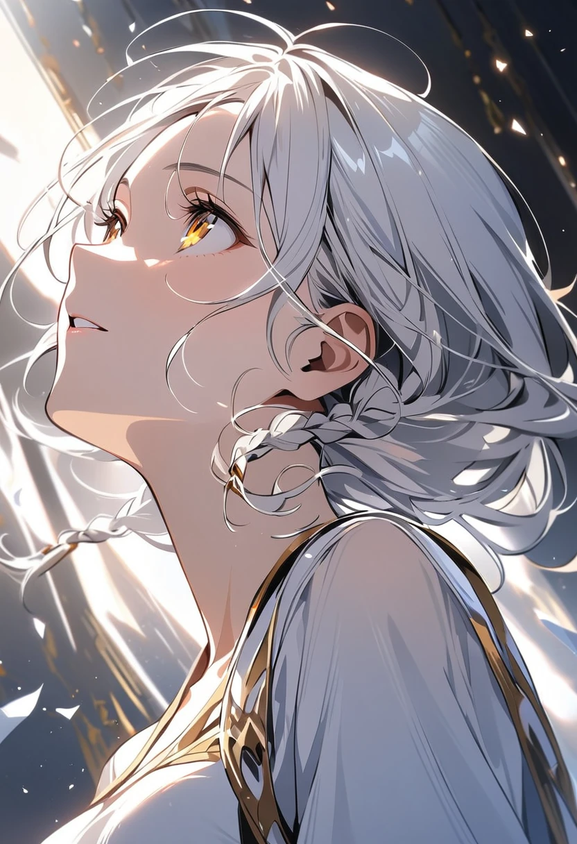 best quality, masterpiece,white hair, gold eyes,white clothes, looking up, upper body,hair strand,Fair skin,side braids