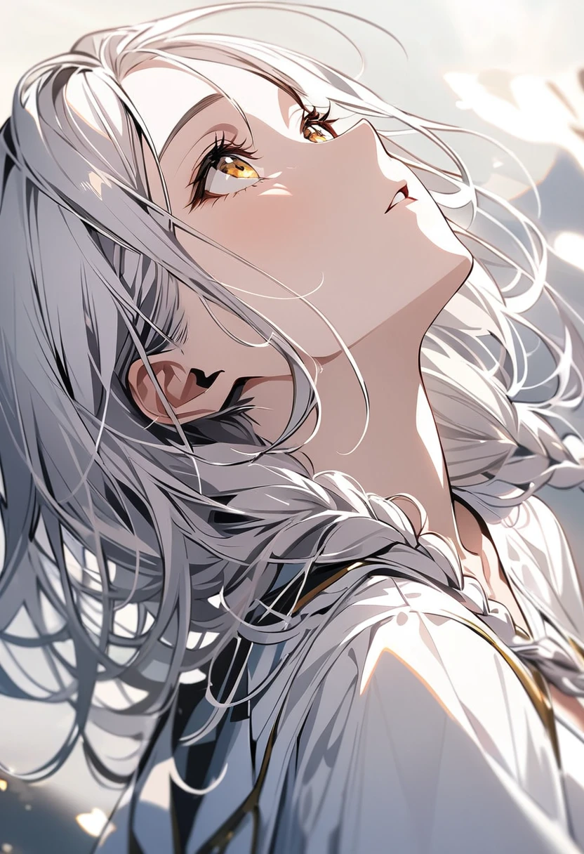 best quality, masterpiece,white hair, gold eyes,white clothes, looking up, upper body,hair strand,Fair skin,side braids
