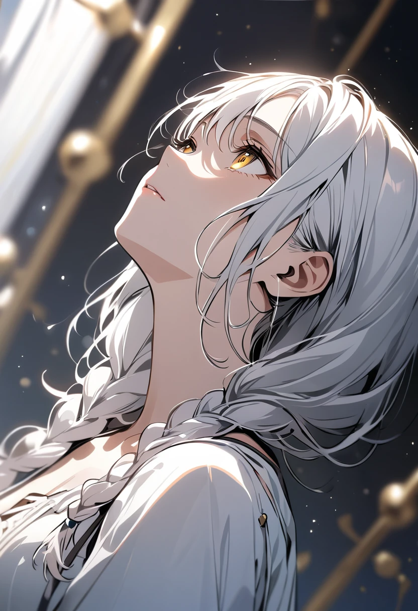 best quality, masterpiece,white hair, gold eyes,white clothes, looking up, upper body,hair strand,Fair skin,side braids