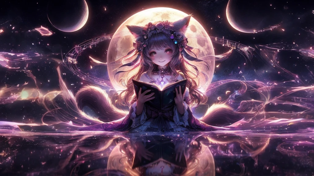 (high quality、8K、Ultra HD,Dark fantasy,Standing in front of the Earth、Anime girl with long hair and cat ears, The background music is nice、smile、)、Nightcore, とてもBeautiful anime cat girl, Beautiful anime cat girl, Perfectly built、Progressive House、Jan J, artstation pixivでトレンド、Digital Painting、Concept Art、3D lighting、Metal Reflection、 Rendering、Art Jar