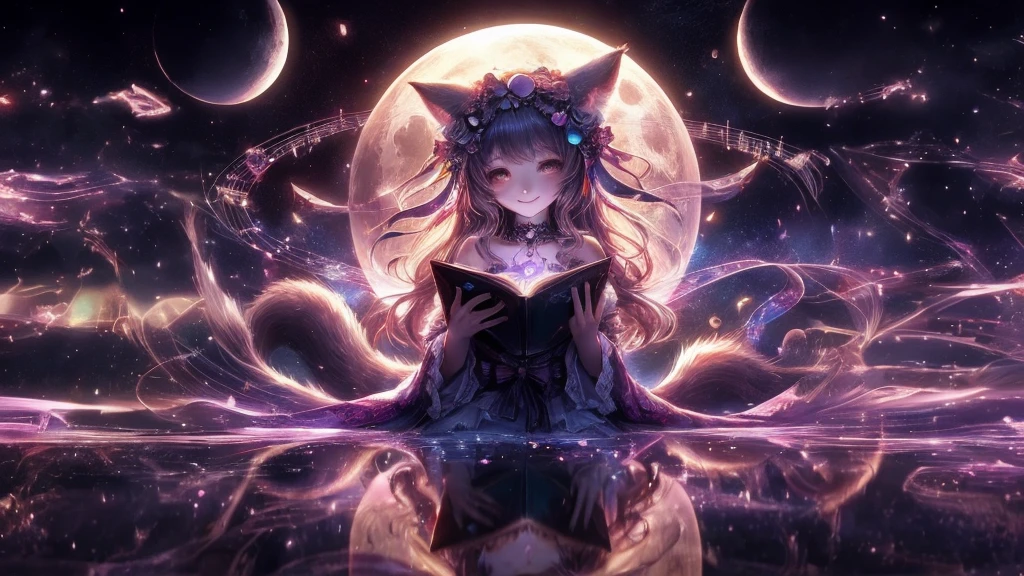 (high quality、8K、Ultra HD,Dark fantasy,Standing in front of the Earth、Anime girl with long hair and cat ears, The background music is nice、smile、)、Nightcore, とてもBeautiful anime cat girl, Beautiful anime cat girl, Perfectly built、Progressive House、Jan J, artstation pixivでトレンド、Digital Painting、Concept Art、3D lighting、Metal Reflection、 Rendering、Art Jar