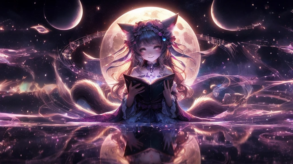 (high quality、8K、Ultra HD,Dark fantasy,Standing in front of the Earth、Anime girl with long hair and cat ears, The background music is nice、smile、)、Nightcore, とてもBeautiful anime cat girl, Beautiful anime cat girl, Perfectly built、Progressive House、Jan J, artstation pixivでトレンド、Digital Painting、Concept Art、3D lighting、Metal Reflection、 Rendering、Art Jar