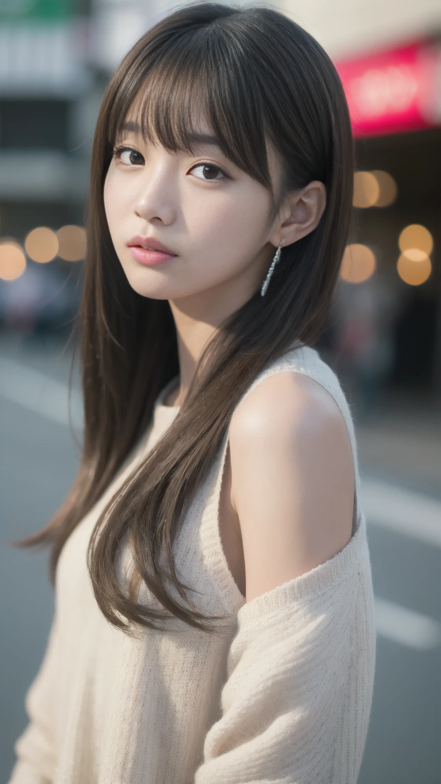 Ultra-high resolution, Superior Quality, Highest quality, Super detailed, Realistic, 8K, RAW Photos, Highest quality, masterpiece, Attractive girl, A wonderful girl, Brown Hair, Shoulder-length layered, Asymmetrical bangs, K-Pop Idols, Sophisticated, stylish, White knit, Shibuya Ward,