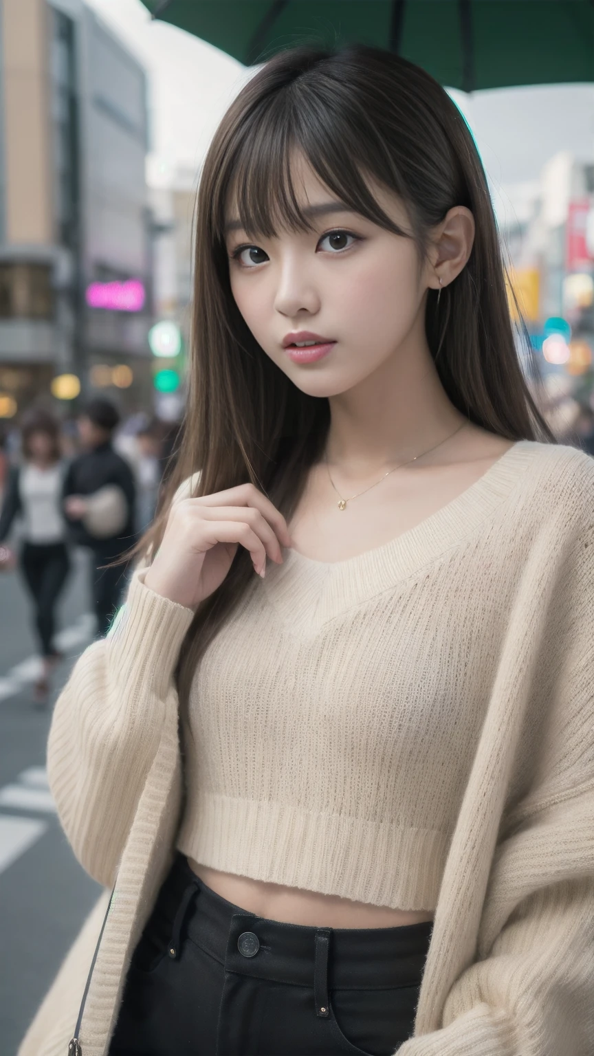 Ultra-high resolution, Superior Quality, Highest quality, Super detailed, Realistic, 8K, RAW Photos, Highest quality, masterpiece, Attractive girl, A wonderful girl, Brown Hair, Shoulder-length layered, Asymmetrical bangs, K-Pop Idols, Sophisticated, stylish, White knit, Shibuya Ward,