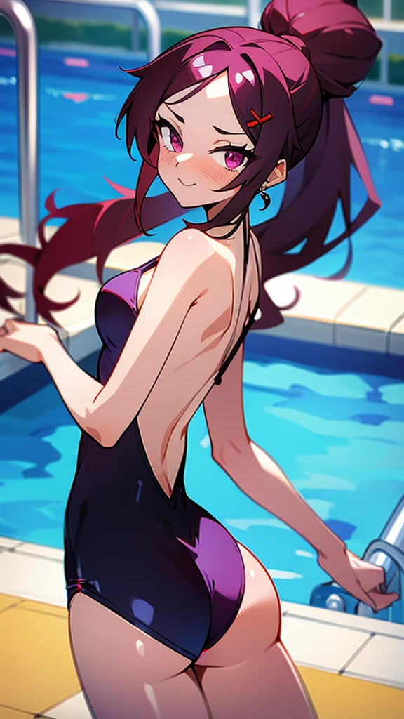 high tail hairstyle, Ponytail hairstyle, Long wavy black hair, standing posing, anime girl style, pixel art anime style,penetrating look with deep eyes,red and purple eyes, hair with a ponytail hairstyle trapped with a big red bun, Women, red hair clips, x color shaped hair clips , smiling face blush, next to the pool, one piece swimsuit, showing my ass to the camera, Black hair, parada next to the pool, sexy lingerie 