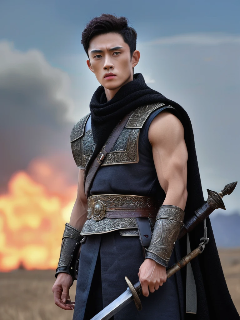 Masterpiece, Highest quality, war, cold weather, realistic, 1 person, mature man, A quiet and charming young man., 30 years old, Portrait, ใบหน้าที่Highly detailed,Masterpiece,best quality,Highly detailed,very detailed, Levi Buman, armor,(Broad shoulders)) (muscle), alone, black hair,blue eyes, muscle shoulder armor, Holding, look at viewer, Holding black stick, Digital Artwork, black short hair, belt, sky, cloud, electricity, upper body,Fang Tian Hua Ji, gag, blue eyes,ชุดarmorอัศวินสีดำ ,Fang Tian Hua Ji, black wool shawl(Masterpiece,best quality,special, (Broad shoulders)) (muscle), focus man,ถือหอกแทงsky,