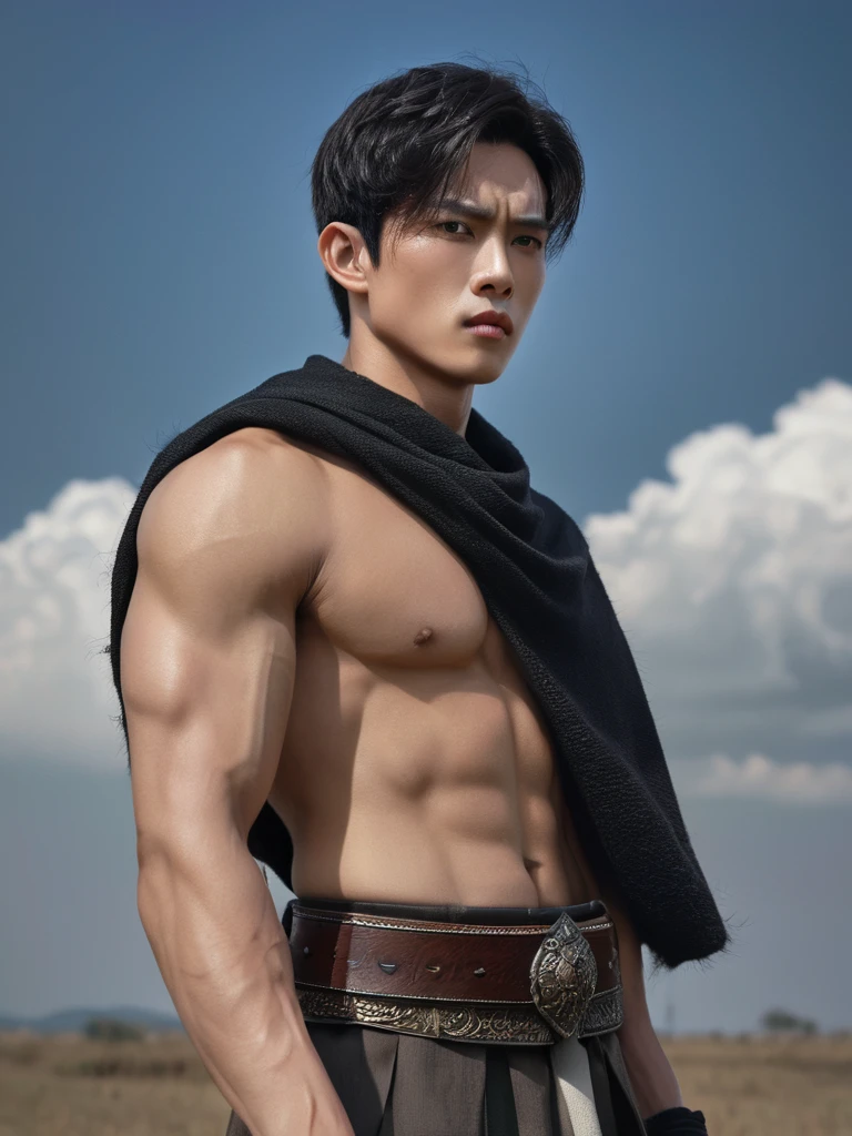 Masterpiece, Highest quality, war, cold weather, realistic, 1 person, mature man, A quiet and charming young man., 30 years old, Portrait, ใบหน้าที่Highly detailed,Masterpiece,best quality,Highly detailed,very detailed, Levi Buman, armor,(Broad shoulders)) (muscle), alone, black hair,blue eyes, muscle shoulder armor, Holding, look at viewer, Holding black stick, Digital Artwork, black short hair, belt, sky, cloud, electricity, upper body,Fang Tian Hua Ji, gag, blue eyes,ชุดarmorอัศวินสีดำ ,Fang Tian Hua Ji, black wool shawl(Masterpiece,best quality,special, (Broad shoulders)) (muscle), focus man,ถือหอกแทงsky,