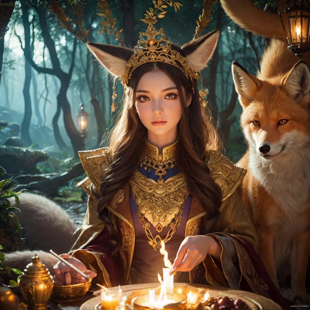 girl in ancient beasts costume,sitting with giant fox,fantasy,1girl,photorealistic,4k,8k,highres,masterpiece:1.2,ultra-detailed,realistic,photo-realistic:1.37,intricate details,beautiful detailed eyes,beautiful detailed lips,extremely detailed eyes and face,long eyelashes,cinematic lighting,glowing eyes,vibrant colors,magical atmosphere,detailed background,mystical forest scene