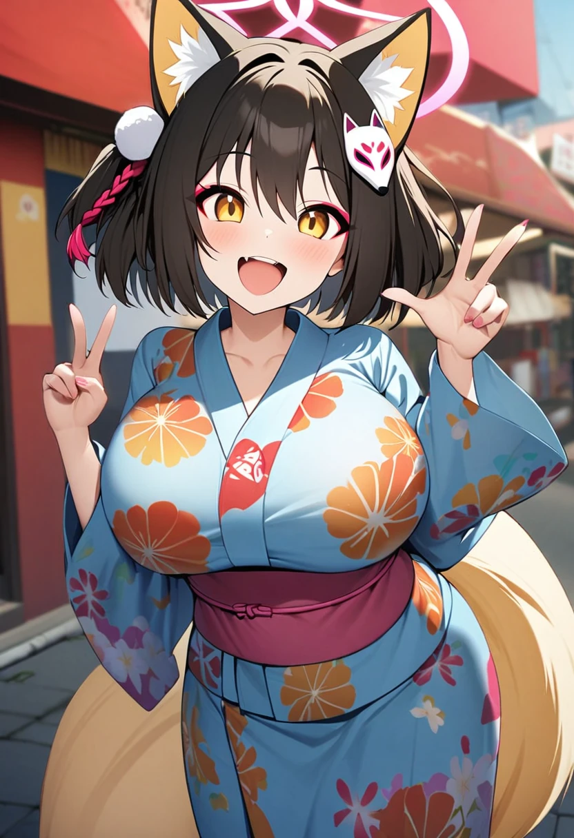 izuna(blue archive),1girl,solo,halo,Females in heat,open mouth,smile,fox ear,one Light brown thick tail,yukata,Peace sign with right hand,super huge breasts,near,looking at viewer,Happy,summer festival