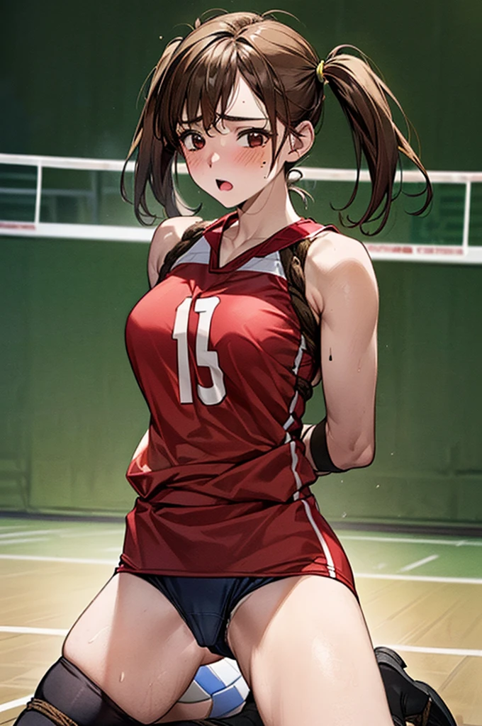 ((((Perfect Anatomy, Anatomically correct, Very detailed肌)))), 1 Girl, Day本語, ************, Volleyball Player, Shiny skin, Take in the view, 
Beautiful Hair, Beautiful Face, Beautiful attention to detail, Brown eyes, (short hair:1.4, Twin tails:1.7), *********, Mole under the eye, 
Beautiful clavicle, Beautiful body, Beautiful breasts, Beautiful thighs, Beautiful feet, Large Breasts:0.5, Captivating thighs, Camel Toe, Bare arms, bare hands, Bottomless, break, 
((Symmetrical Clothing Metallic)), (((Bloomers), Sleeveless volleyball uniform)), break, 
(((((Brown rope)), shibari:1.5, (Tying over clothes)))), ((Put your arms behind your back:1.5), Chest Bondage, Arm binding, Leg Bondage), (((Toys in panties))), 
((Embarrassing, Open your mouth)), ((Kneel, The damage to the leg spreads, 
(Beautiful views), evening, Day, ((Volleyball Gymnasium, Volleyball court)), 
(8K, Highest quality, Masterpiece​:1.2, Very detailed), (Realistic:1.2), Beautiful illustrations, Cinema Lighting,