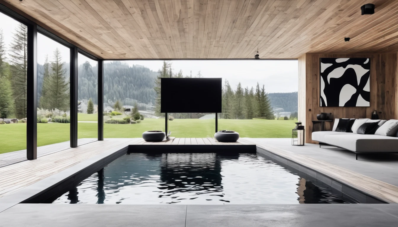 Modern chalet living room with minimalist outdoor pool with black and white abstract decoration painting
