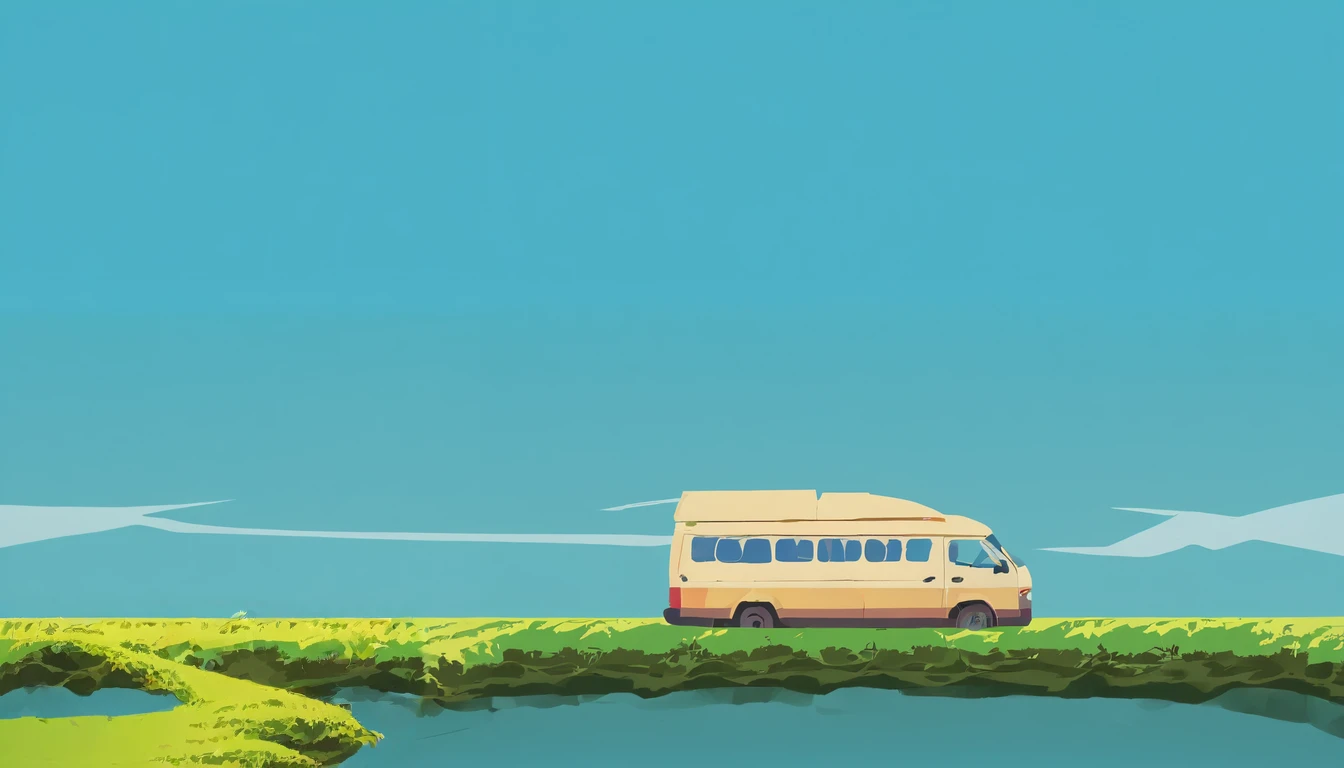 (Minimalism:1.4), A minibus on the road, Studio Ghibli Art, Miyazaki, Pasture with blue sky and white clouds