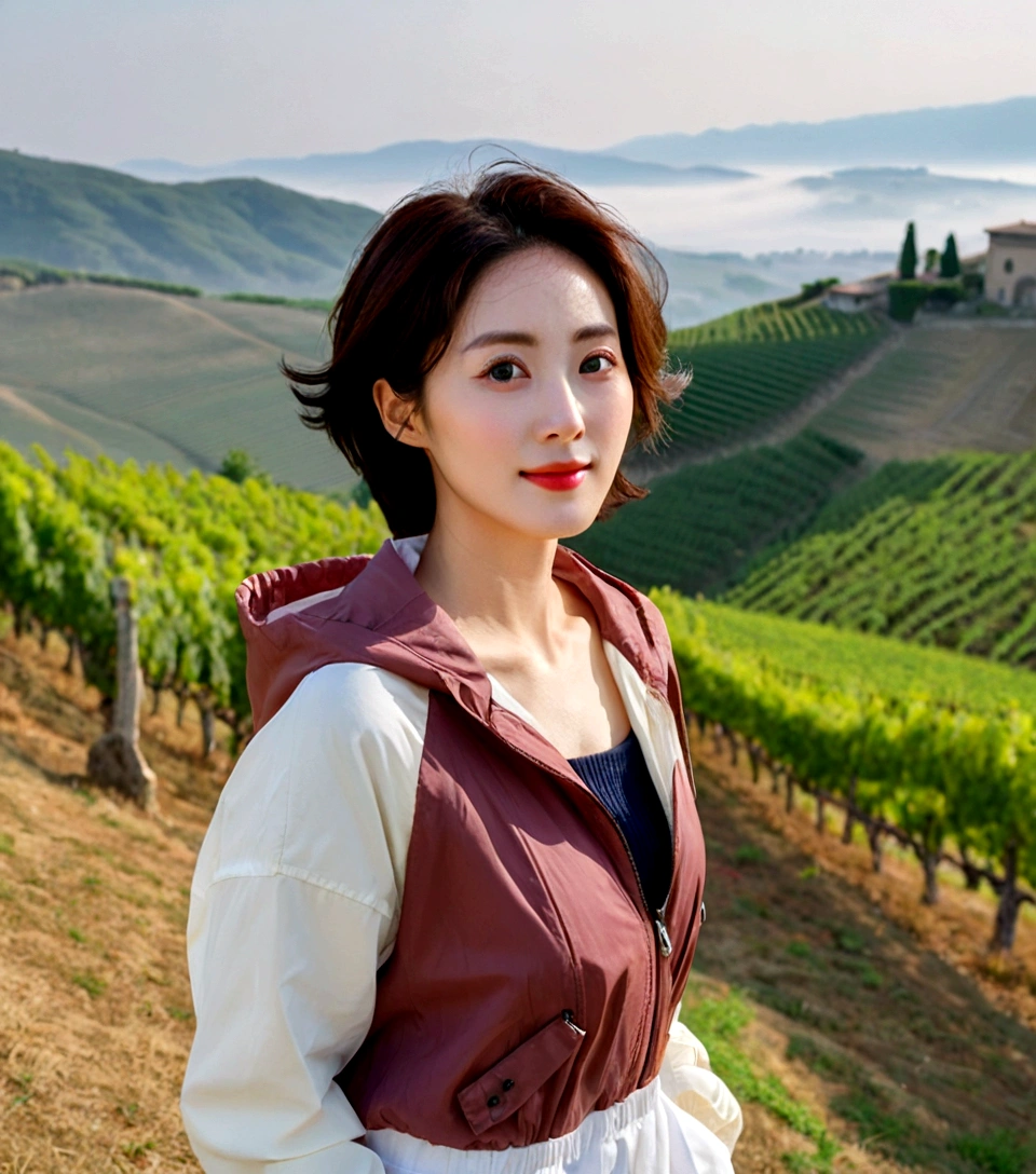 8k best picture quality, Beautiful 36-year-old Korean woman, You have good skin and big and pretty eyes... clear and nice weather. Chest size 34 inches, italian countryside, past the vineyard, The cathedral can be seen in the distance in thick fog.., The back background is realistic and vivid quality., Short and medium hair blowing in the wind, Wearing a luxury windbreaker over a t-shirt. beige casual pants, I'm smiling. Standing on a hill overlooking vineyards. the background is clear, Short and slim Korean woman, stand far away, Photo taken with a wide-angle lens, One woman with big and pretty eyes, eyes are round and big