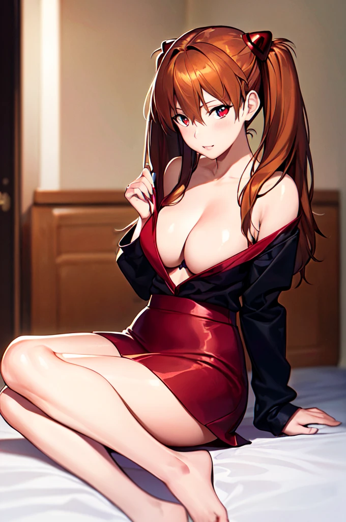 {{{{Neon Genesis Evangelion, Asuka Langley:1.9}}}}, 8k, Best Quality, Super detailed, It is high resolution., Highly detailed CG, Clear, Best aesthetic, Great shading, (Photorealistic:1.3), High contrast, Ultra-thin illustration, Shrinkage rate, Beautiful detailed eyes, Beautiful detailed skin, Realistic skin, Beautiful detailed hand, Beautiful detailed fingers, Beautiful detailed hair, Detailed hair, Beautifully detailed ears, Beautiful Detail Lip, Professional Lighting, Beautiful detailed backgrounds, Very realistic backgrounds, 1 Girl, Solo, Age 25, Beautiful woman, (((Glossy reddish-brown hair, Long Hair))),(((Twin tails))), ((((the eyes are dark blue, Oblique eyes)))), (Off-the-shoulder blouse, There is cleavage in the chest, Short red skirt), Movement angle,Lip gloss, ((Full Body)), ((blush)), Room of Xicheng, Fuck from behind, Model-like pose,