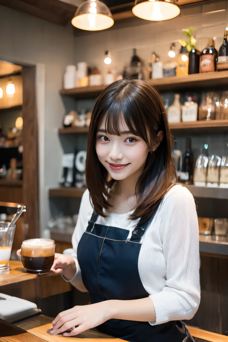 A young Japanese idol sitting by the window in a stylish café, holding a coffee cup with intricate latte art and smiling warmly. The idol is dressed in casual yet chic attire, with a book and a laptop on the table. The background shows the cozy interior of the café, featuring warm lighting and modern decor, and a glimpse of the bustling city outside. The atmosphere is inviting and relaxed, with a touch of urban sophistication.