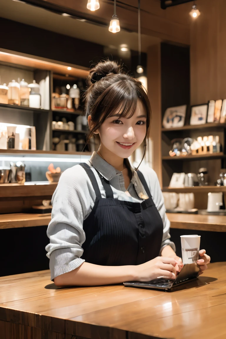 A young Japanese idol sitting by the window in a stylish café, holding a coffee cup with intricate latte art and smiling warmly. The idol is dressed in casual yet chic attire, with a book and a laptop on the table. The background shows the cozy interior of the café, featuring warm lighting and modern decor, and a glimpse of the bustling city outside. The atmosphere is inviting and relaxed, with a touch of urban sophistication.