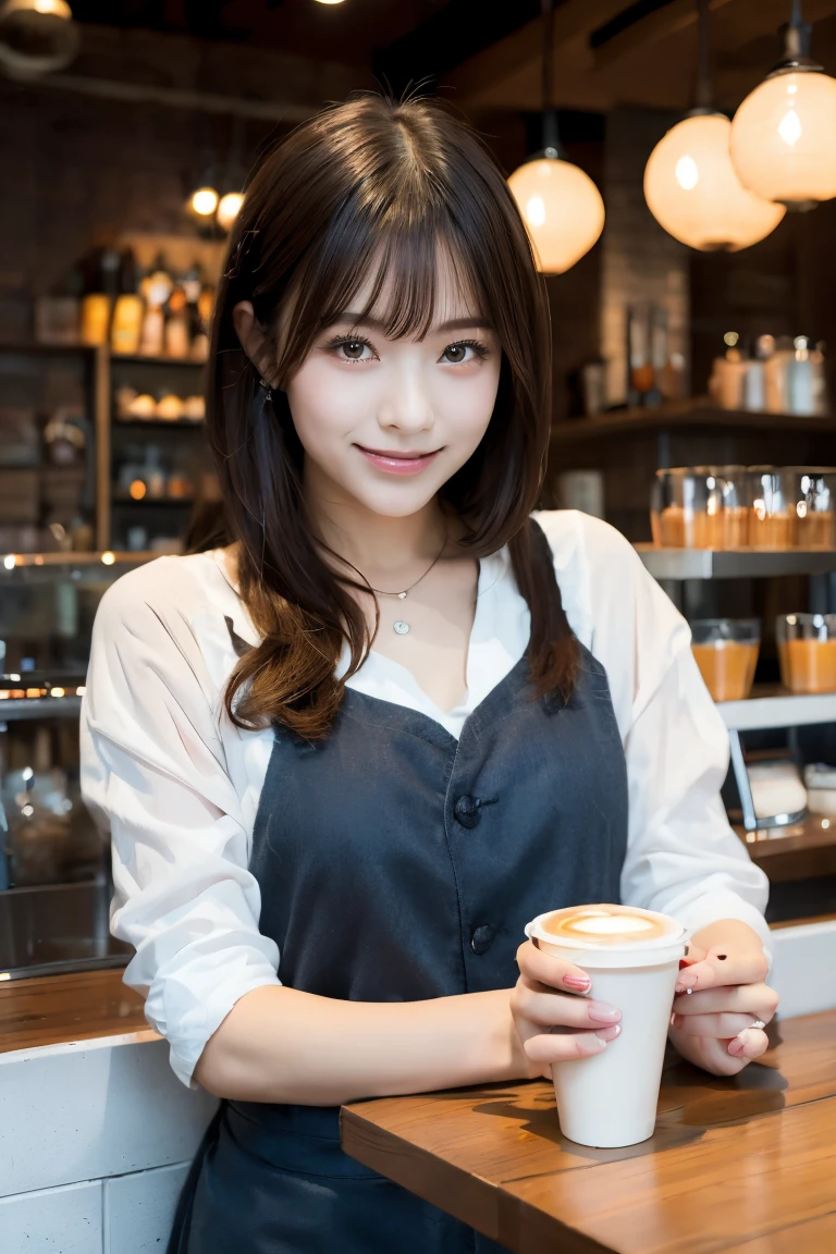 A young Japanese idol sitting by the window in a stylish café, holding a coffee cup with intricate latte art and smiling warmly. The idol is dressed in casual yet chic attire, with a book and a laptop on the table. The background shows the cozy interior of the café, featuring warm lighting and modern decor, and a glimpse of the bustling city outside. The atmosphere is inviting and relaxed, with a touch of urban sophistication.