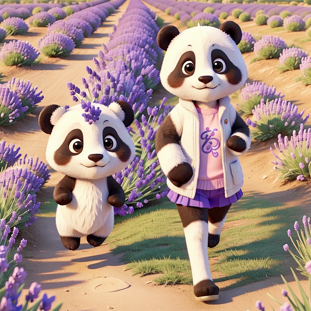 Beautiful girl with cute a panda running on a lavender field.