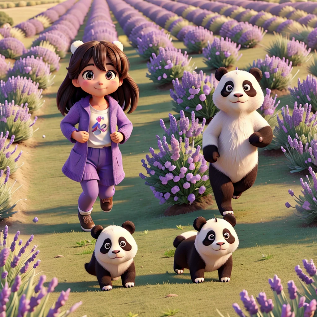 Beautiful girl with cute a panda running on a lavender field.