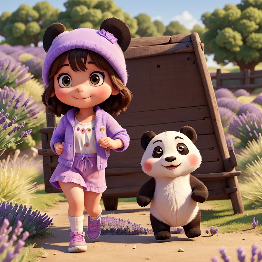 Beautiful girl with cute a panda running on a lavender field.