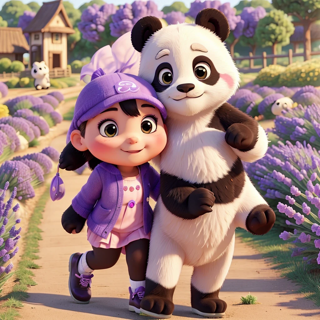 Beautiful girl with cute a panda running on a lavender field.