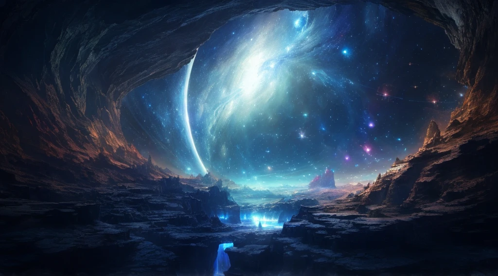 Arafed view of a galaxy with bright blue light, mythical gigantic space cavern, Epic dreamy fantasy landscape, 美しいExotic Landscapes, A magnificent and beautiful space science fiction, Portal to space, Fantasy Space, 素晴らしいExotic Landscapes, Space Landscape, Water-covered alien planet, stellar cosmic environment, Exotic Landscapes, Beautiful fantasy cave scene, Surreal Space, Galactic Landscapes