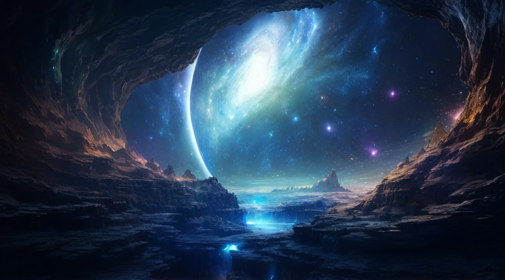 Arafed view of a galaxy with bright blue light, mythical gigantic space cavern, Epic dreamy fantasy landscape, 美しいExotic Landscapes, A magnificent and beautiful space science fiction, Portal to space, Fantasy Space, 素晴らしいExotic Landscapes, Space Landscape, Water-covered alien planet, stellar cosmic environment, Exotic Landscapes, Beautiful fantasy cave scene, Surreal Space, Galactic Landscapes