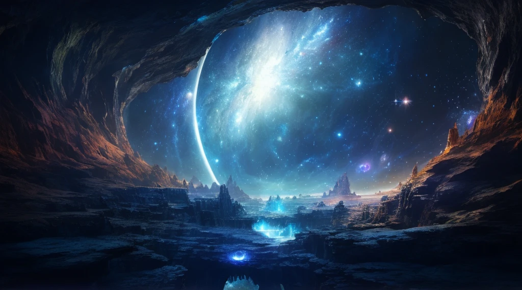 Arafed view of a galaxy with bright blue light, mythical gigantic space cavern, Epic dreamy fantasy landscape, 美しいExotic Landscapes, A magnificent and beautiful space science fiction, Portal to space, Fantasy Space, 素晴らしいExotic Landscapes, Space Landscape, Water-covered alien planet, stellar cosmic environment, Exotic Landscapes, Beautiful fantasy cave scene, Surreal Space, Galactic Landscapes