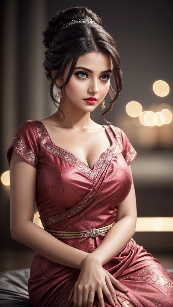 waist high, big , night bokeh effect background, bodycon, Perfect pink eyes, Great face, Indian, Beautiful appearance, ((Red lips, Bright Eyes, Curve Heir 1.5)), ((Beautiful detailed body)), Amazing gorgeous, amazing beautiful face, Pretty face, Bright Eyes, allured chest, small waist, Elegant printed shirt with attention to detail, kneeling, Updo Elegant Hair, Blurred gray tone background, super concentrated, Illuminate, Facial details, 8k resolution, I drew, Dry brush, Brush strokes,