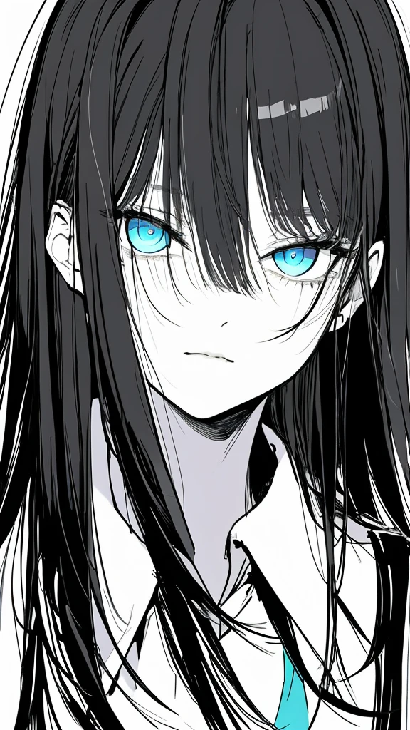 monochrome color, Blue Art, grayscales、​masterpiece、top-quality、Top image quality、straight haired、Hanging eyes、kawaii、A dark-haired、blue eyes、the wind、ビル群、長い脚