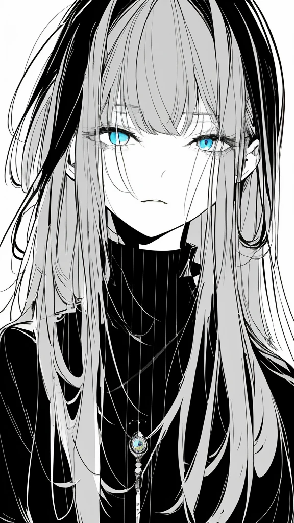 monochrome color, Blue Art, grayscales、​masterpiece、top-quality、Top image quality、straight haired、Hanging eyes、kawaii、A dark-haired、blue eyes、the wind、ビル群、長い脚